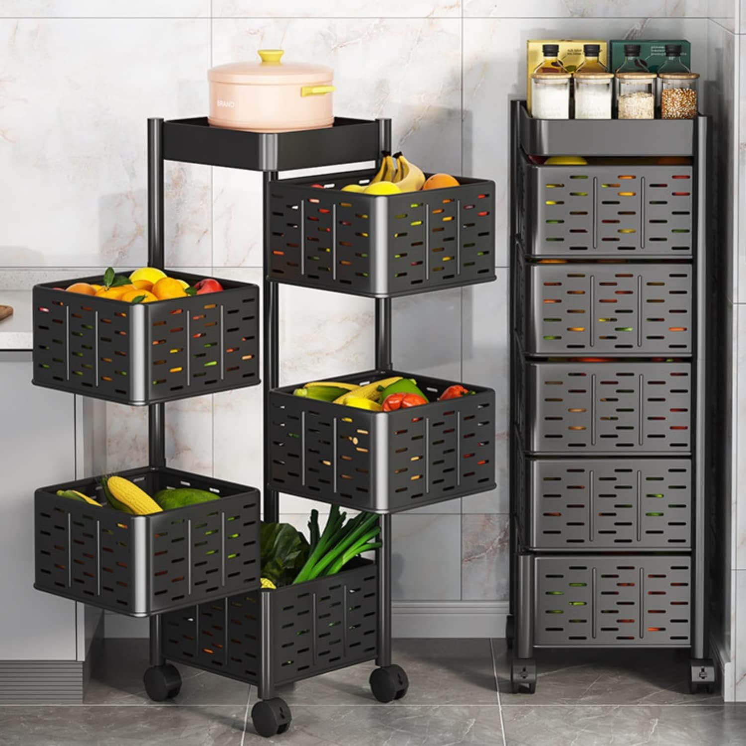 Square Multi Tier Rotating Storage Basket, 360° Rotating Fruit and Vegetable Stand, Kitchen Storage Rack with Mesh Baskets & Wheels, Mobile Kitchen Storage Fruit and Vegetable Holder Square Multi Tier Rotating Storage Basket, 360° Rotating Fruit and Vegetable Stand, Kitchen Storage Rack with Mesh Baskets & Wheels, Mobile Kitchen Storage Fruit and Vegetable Holder